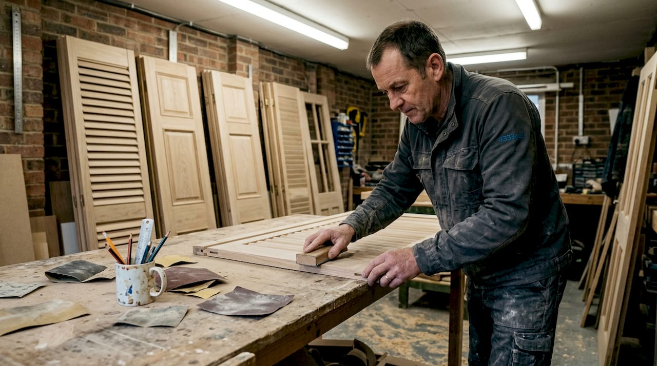 shutters with removable panels Craftsman sanding removable shutter panel