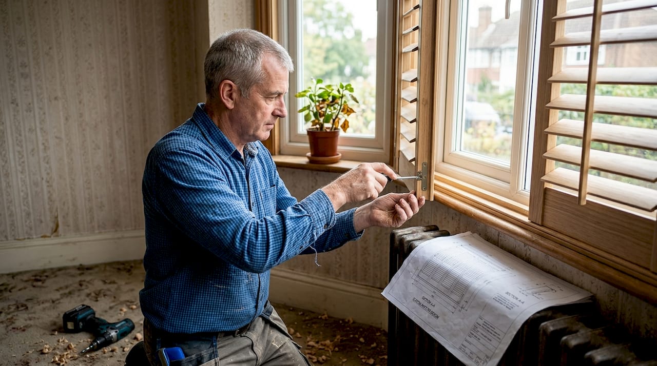 Joiner installing tailored shutter in bay window