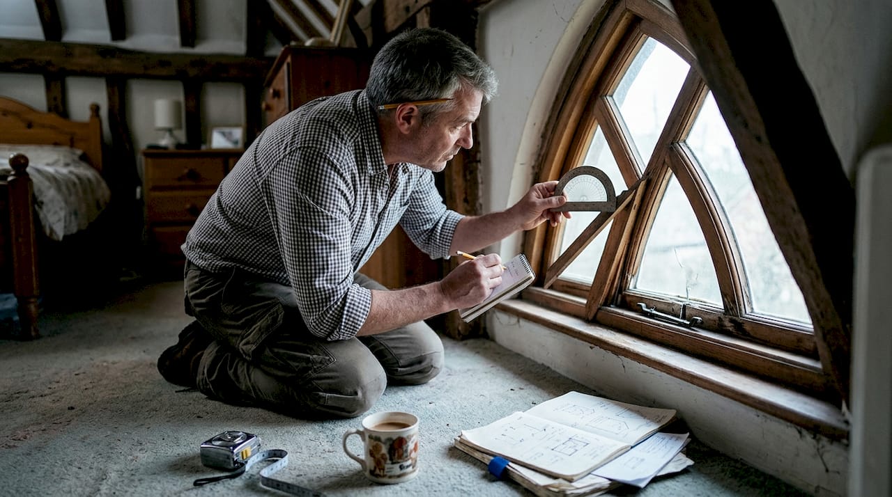 Man measuring angle on arched attic window