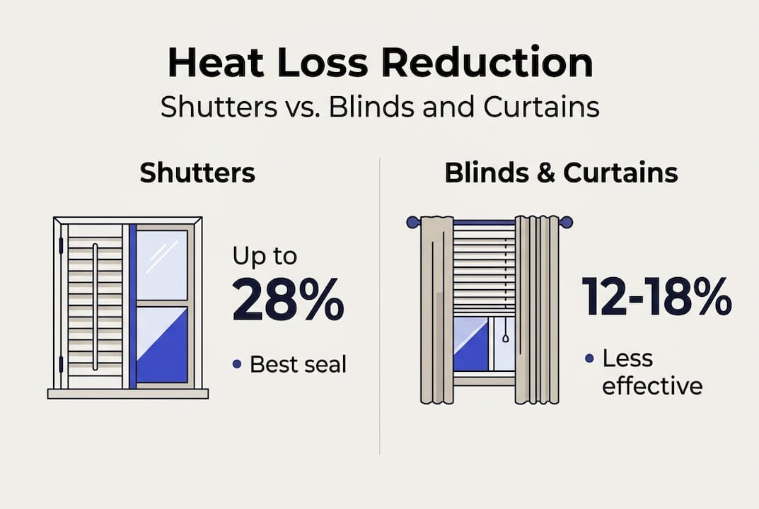 Infographic comparing shutters, blinds, and curtains efficiency