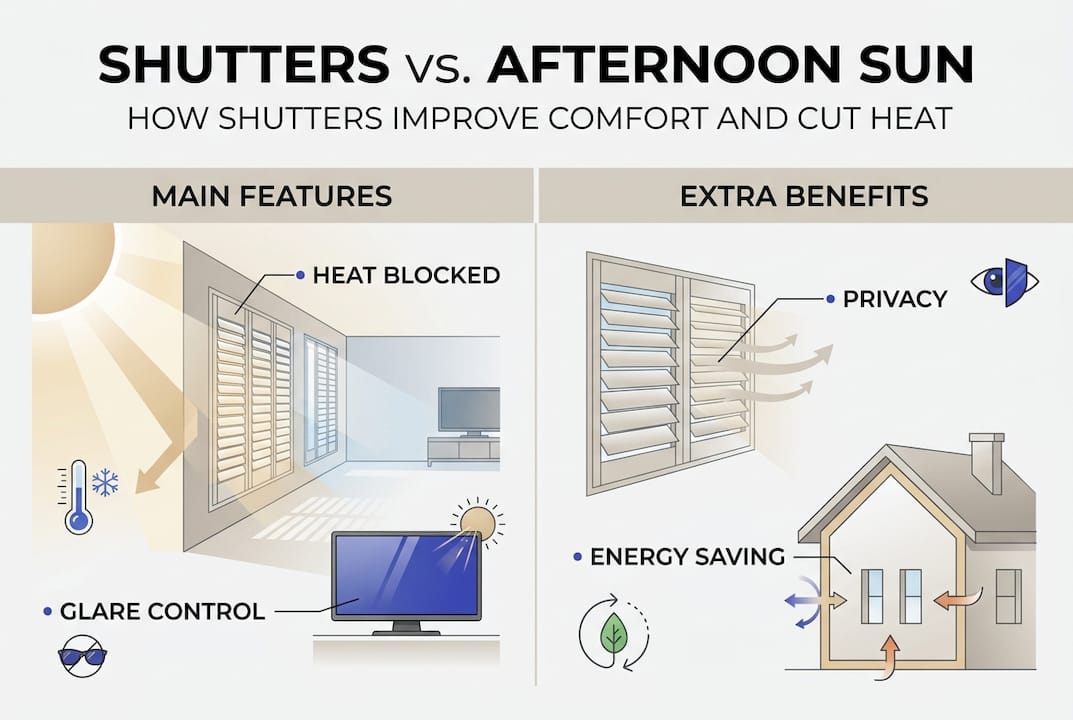 shutters for afternoon sun Infographic showing benefits of shutters for afternoon sun