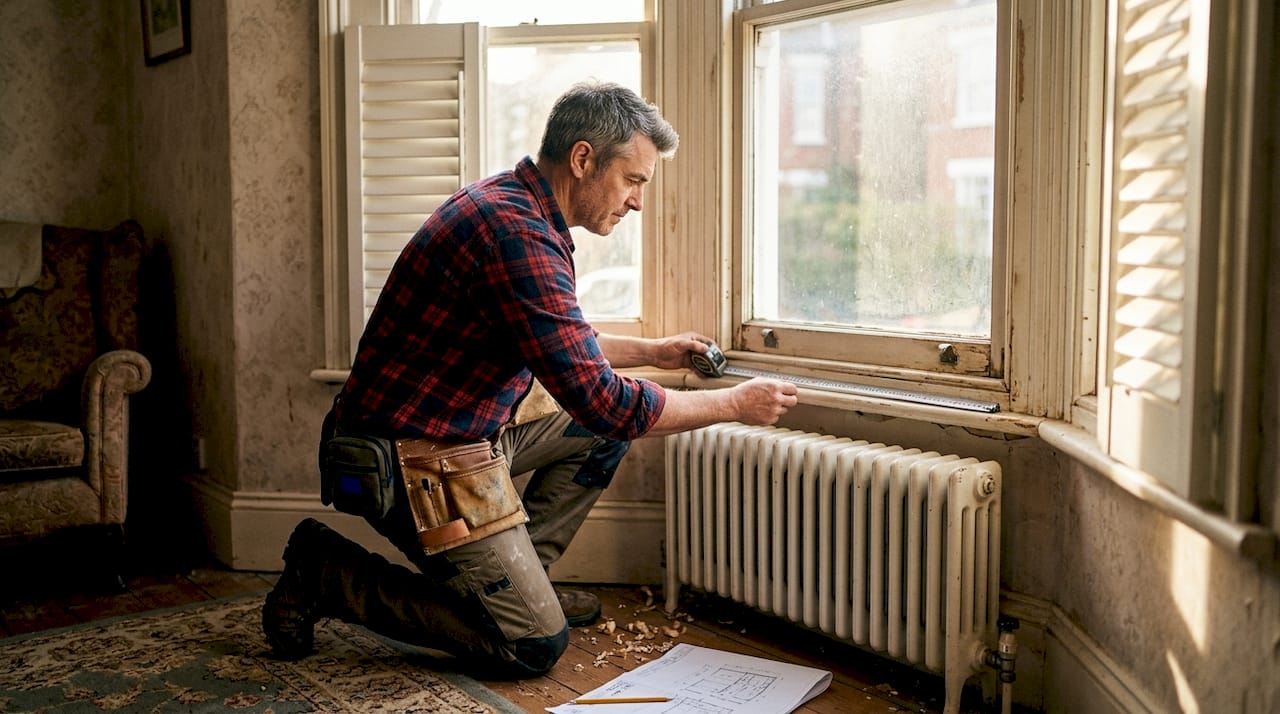 shutters for light control Worker measuring bay window for shutters
