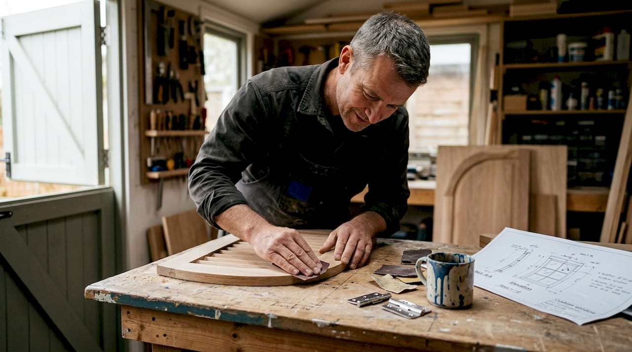 shutter finishes for coastal homes Craftsperson finishes arched shutter in workshop