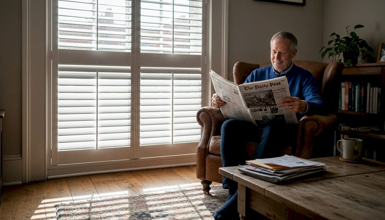 Man reading by full-height window shutters