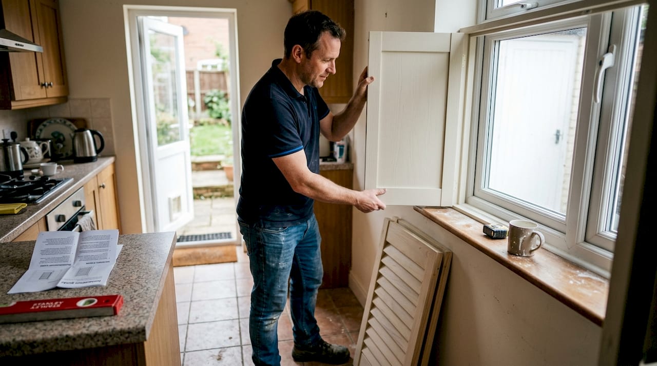 Installer fitting solid and louvred shutter panels