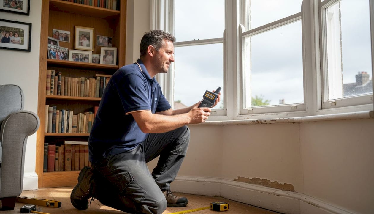 questions for shutter suppliers Installer using laser tool on bay window