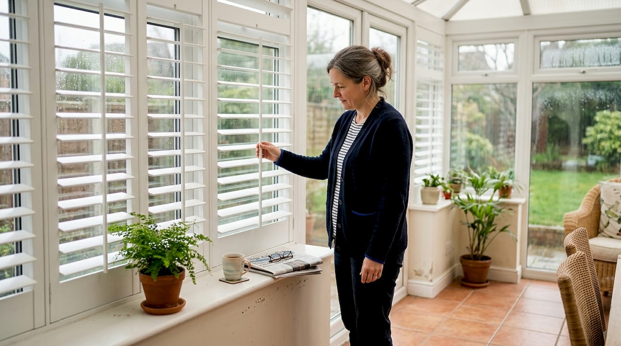 Homeowner inspecting thermal barrier shutters