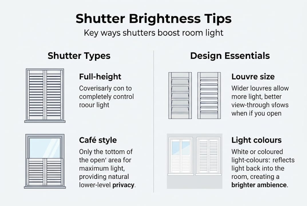 how shutters affect room brightness Infographic showing shutter tips for brightness