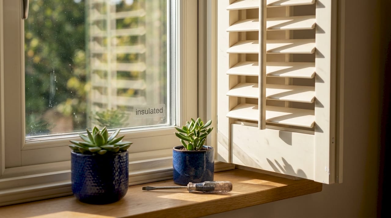 shutters in modern homes Close-up of insulated window with wooden shutter