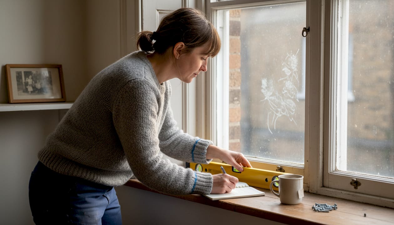 why shutters need professional fitting Professional fitter using spirit level on window frame