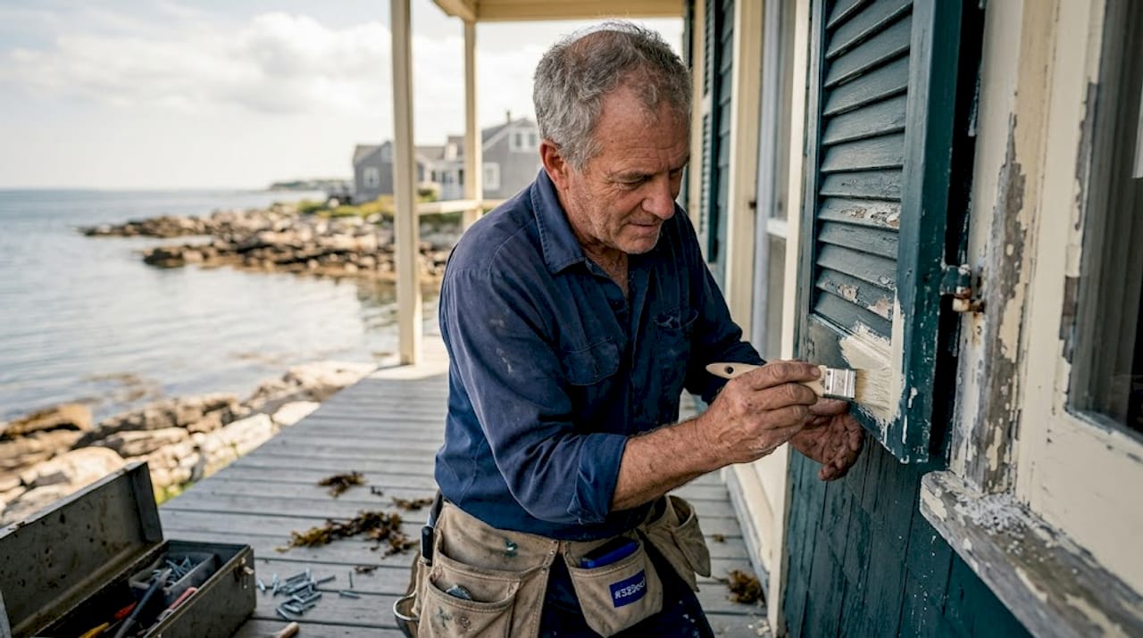 choosing shutter finishes Maintenance worker repairs coastal shutters