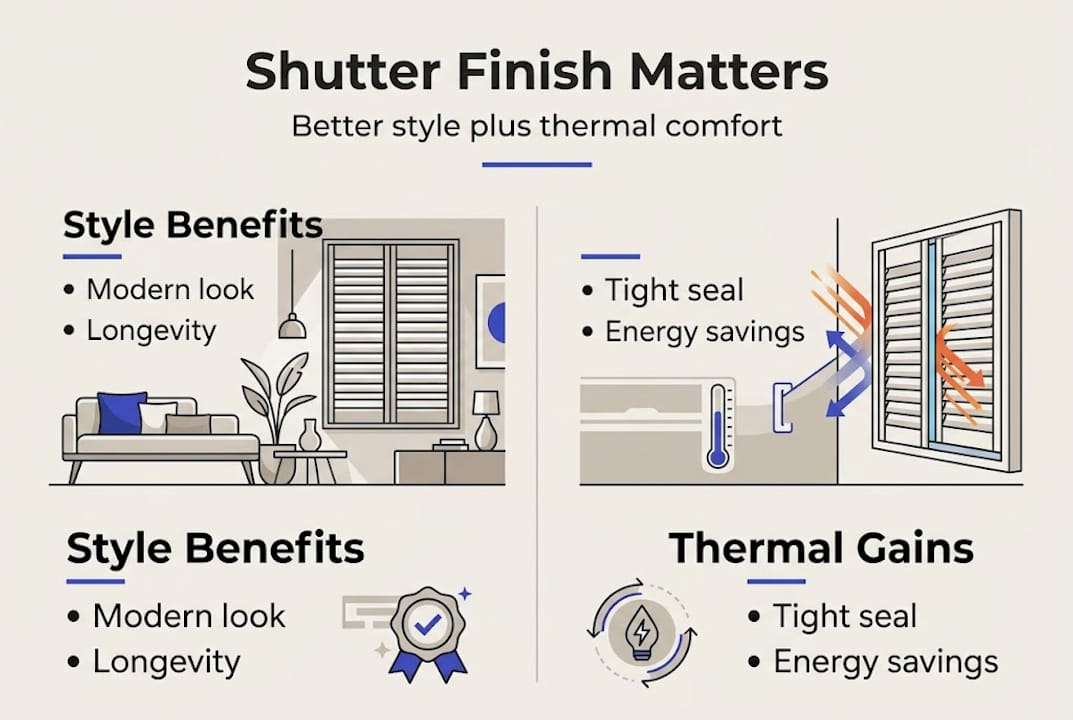 choosing shutter finishes Infographic showing shutter finish impacts