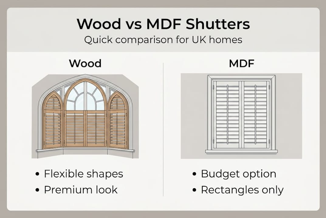 wood vs MDF shutters Infographic comparing wood and MDF shutter features