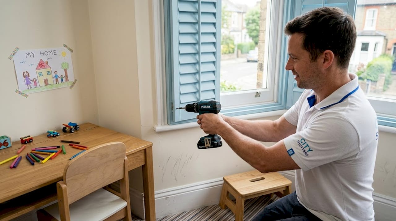 Installer fitting safe shutters in child’s room