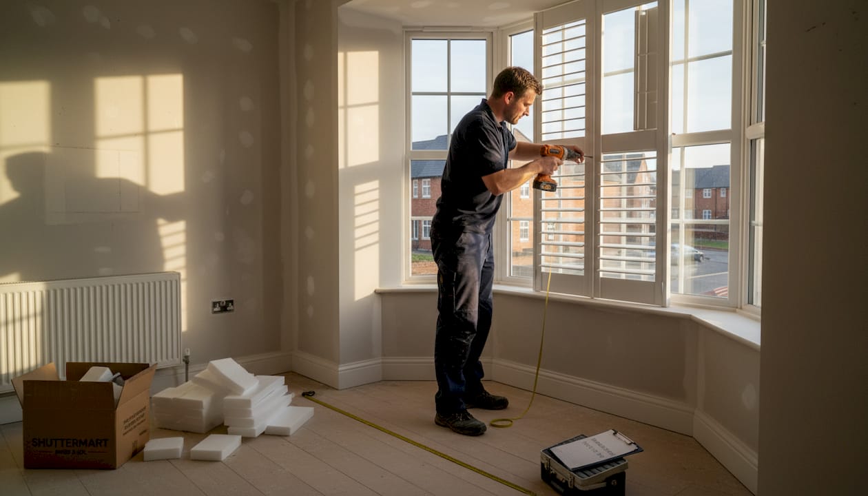 Installer fitting shutters in new multi-unit flat