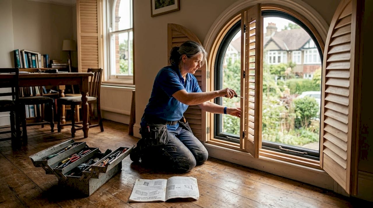 Joiner fitting bespoke shutters to arched window