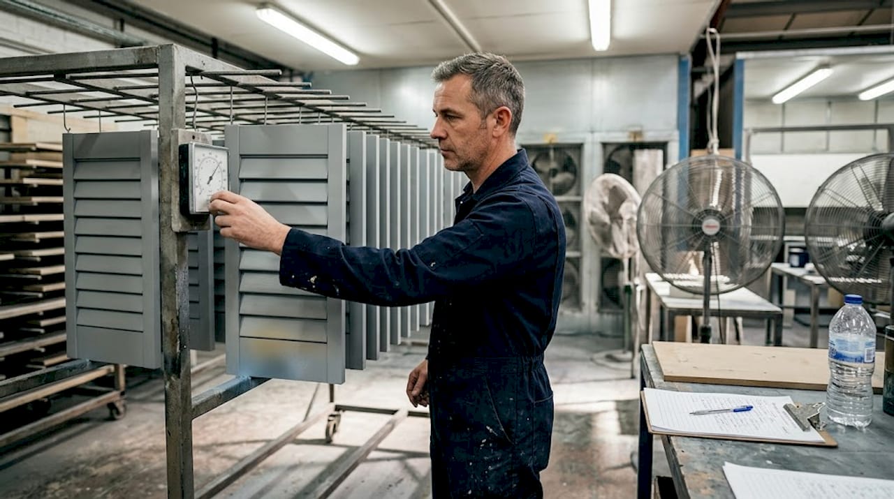 shutter finishes guide Technician checks shutters in factory painting booth