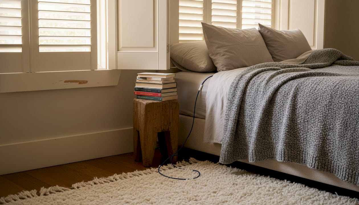 Hardwood shutters in everyday bedroom setting