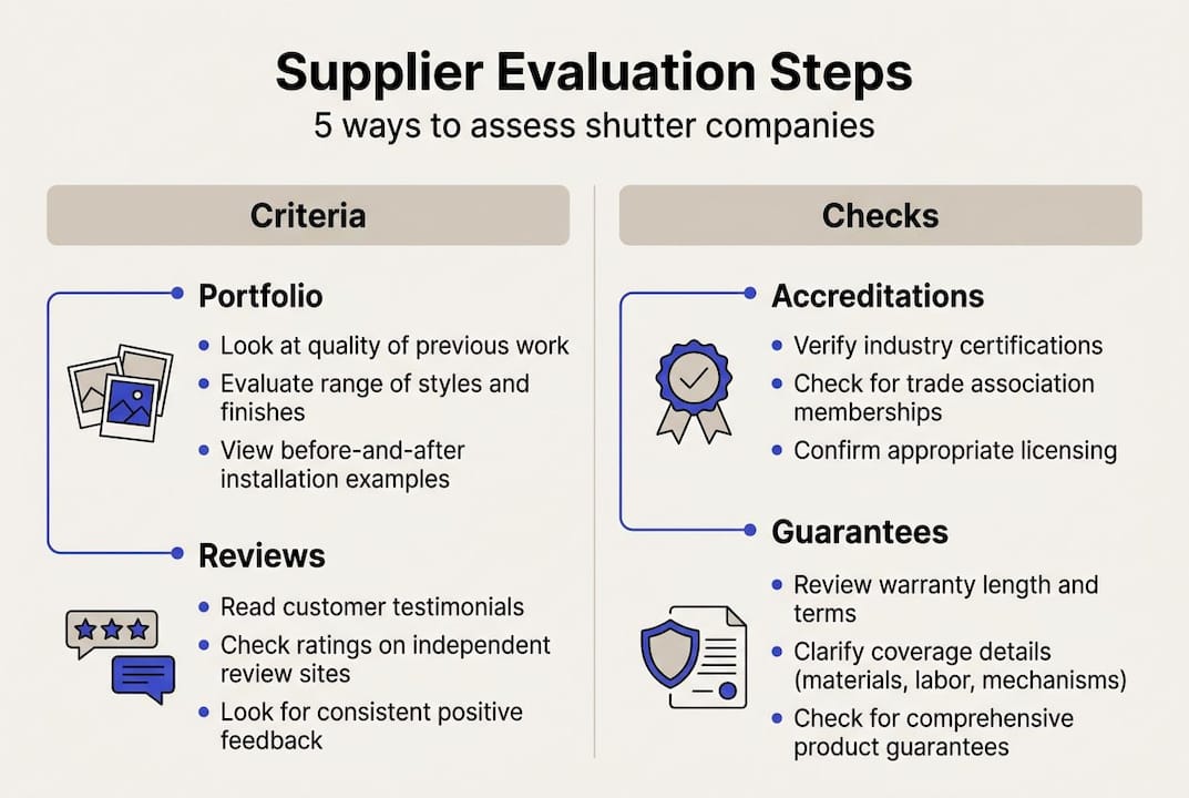 how to evaluate shutter suppliers Infographic showing supplier evaluation steps and checks