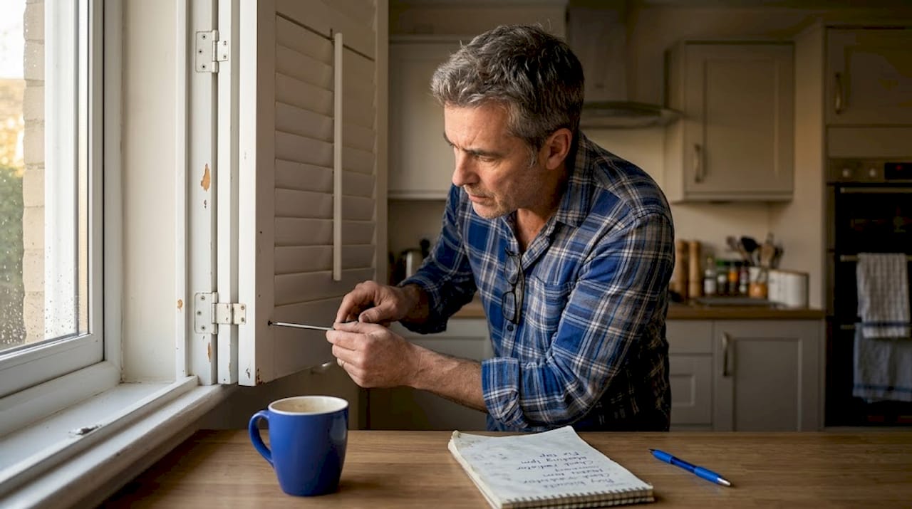 Man inspecting indoor shutter hinges