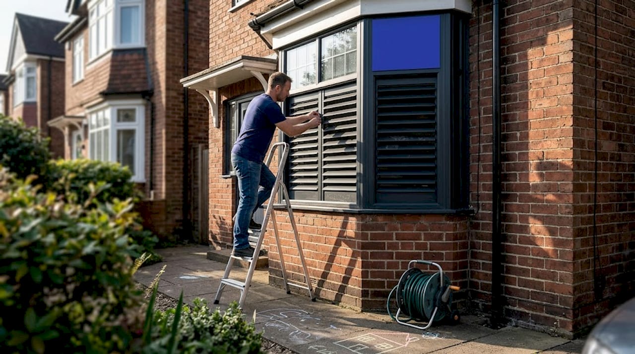 Handyman adjusts exterior shutters on house