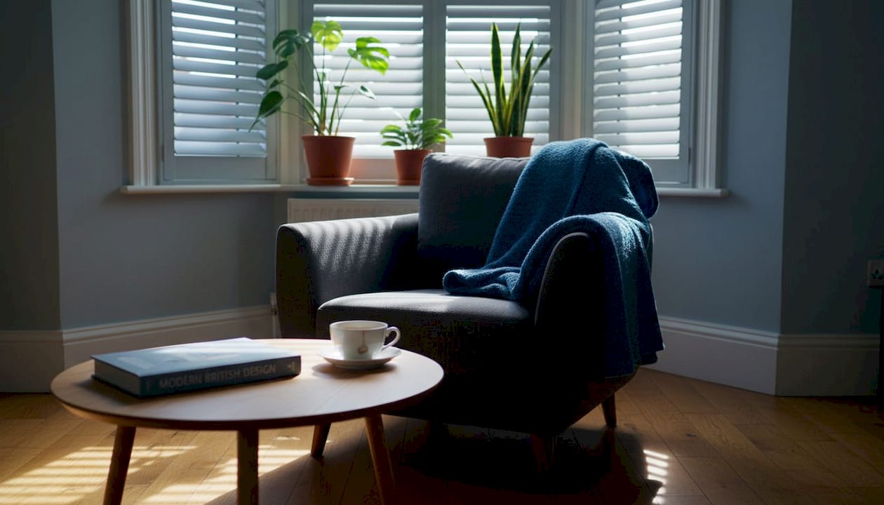 shutter colour trends 2025 Bay window with trendy blue and charcoal shutters