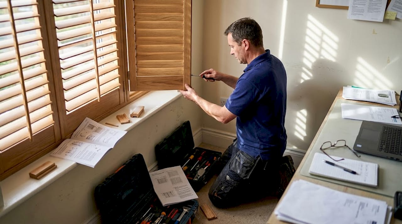 Tradesperson fitting shutters in home office