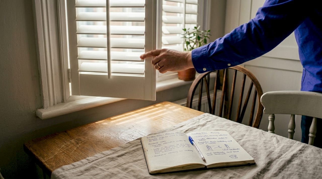 amount of light control shutters Hand tilting shutter louvres close-up