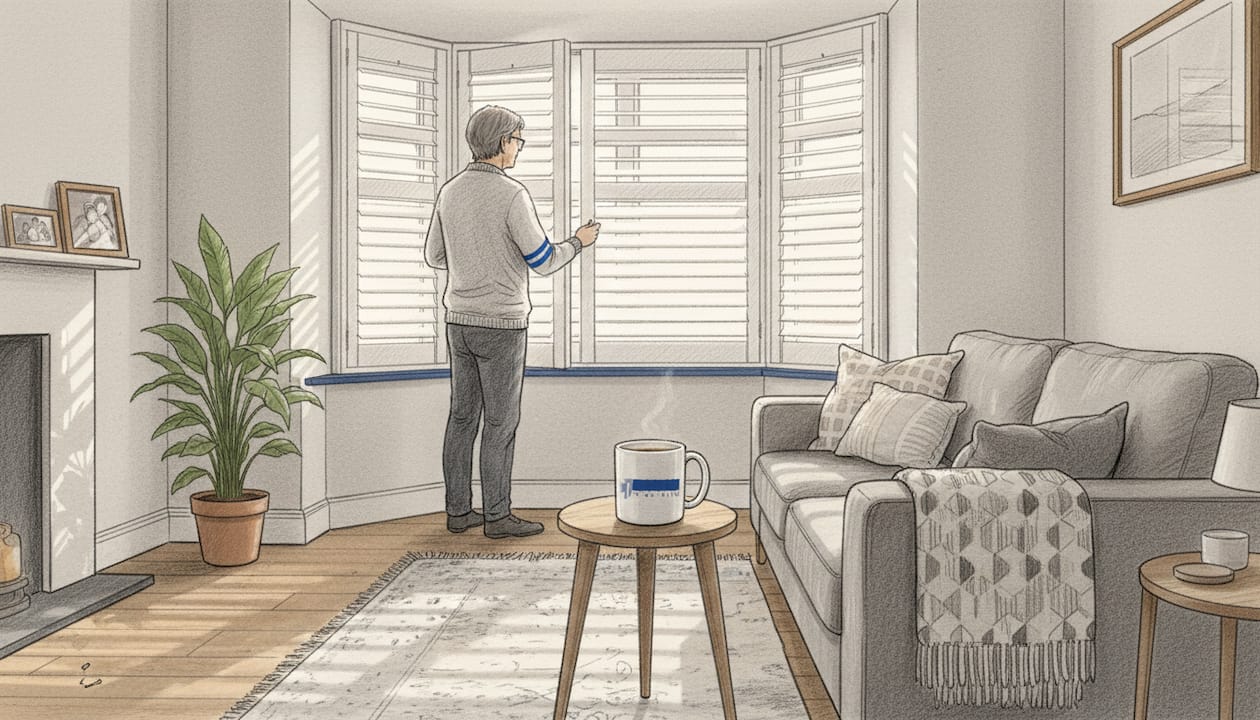 Homeowner adjusts bright bay window shutters