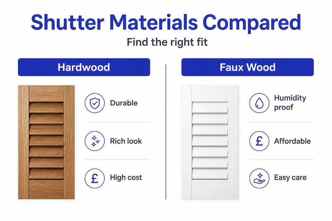 Infographic comparing hardwood vs. faux wood shutters