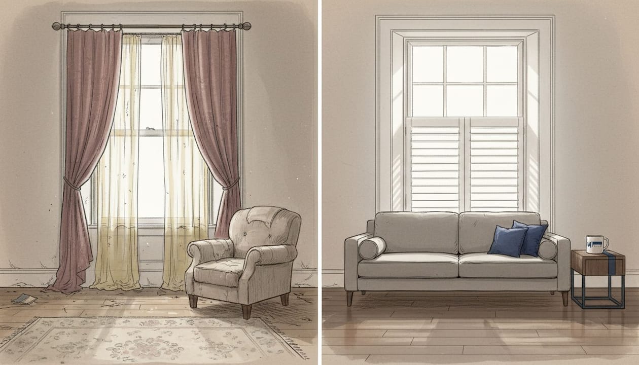 Before and after plantation shutters Victorian lounge window before and after shutters