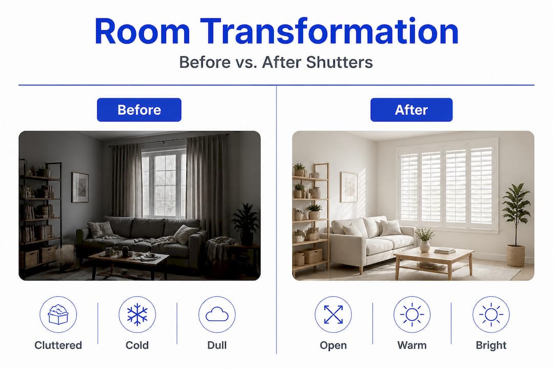 Before and after plantation shutters Infographic comparing rooms before and after shutters