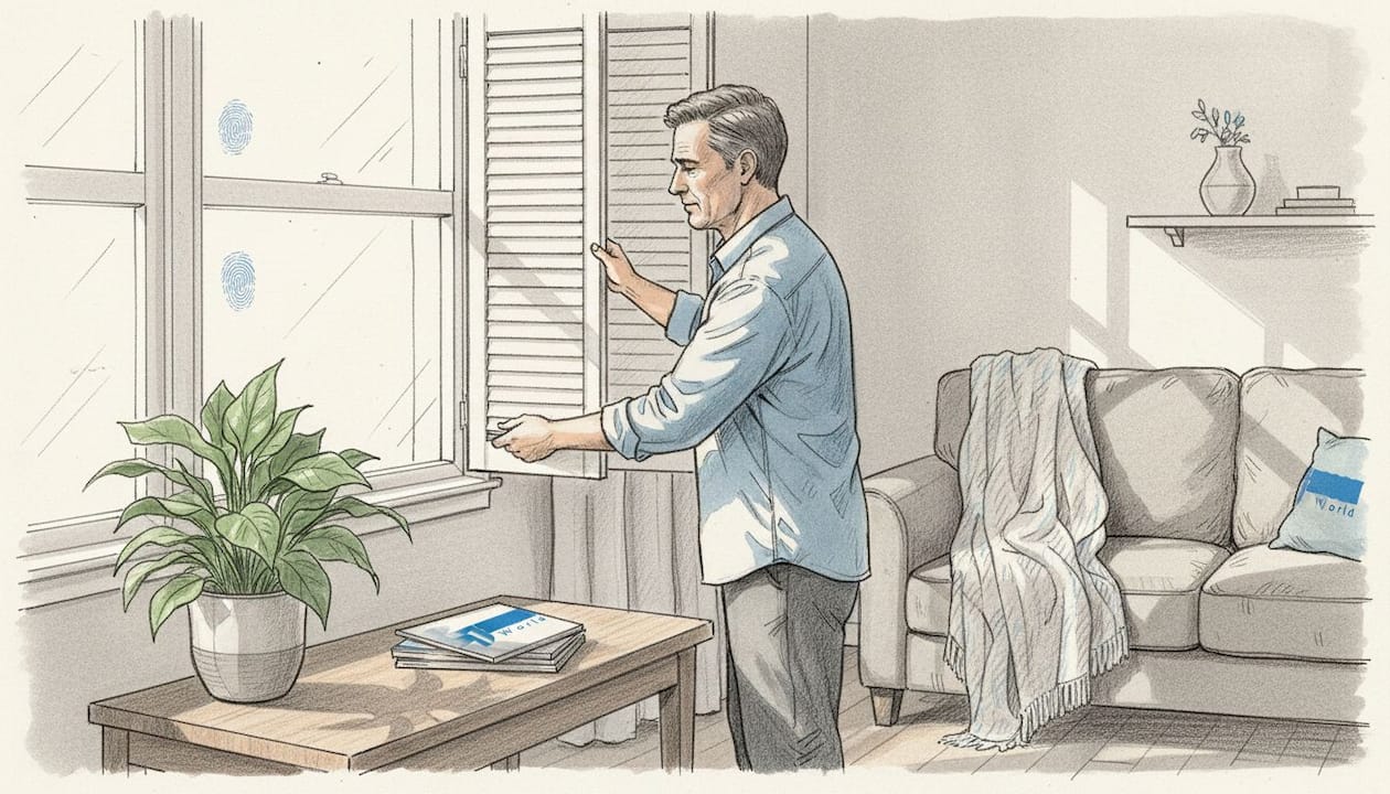 Man fitting UV protection shutter in sunny living room