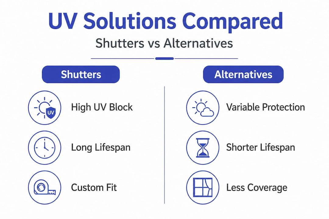Infographic comparing shutters with alternative UV solutions