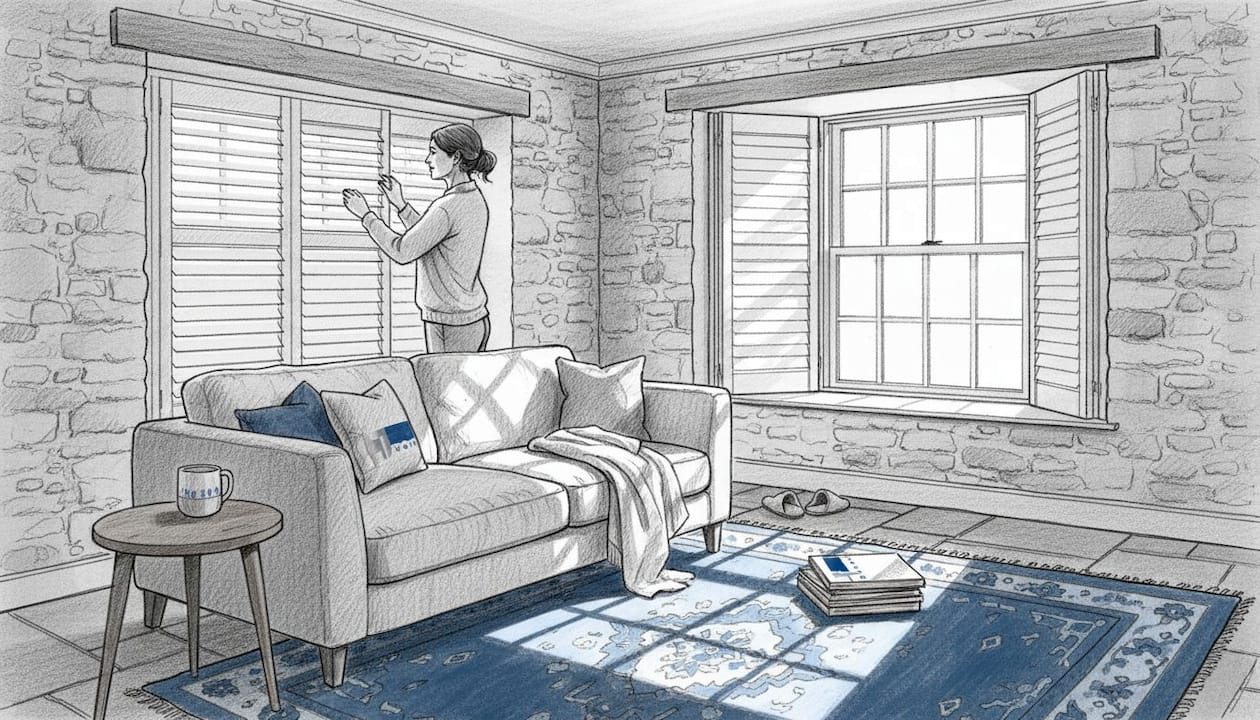 plantation shutters yorkshire Woman adjusting custom shutters in Yorkshire living room