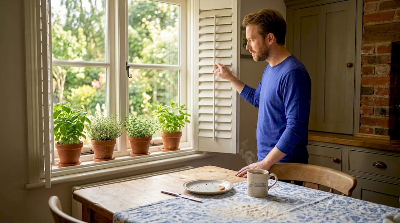 impact of shutters on lighting Man angling shutters to block afternoon glare