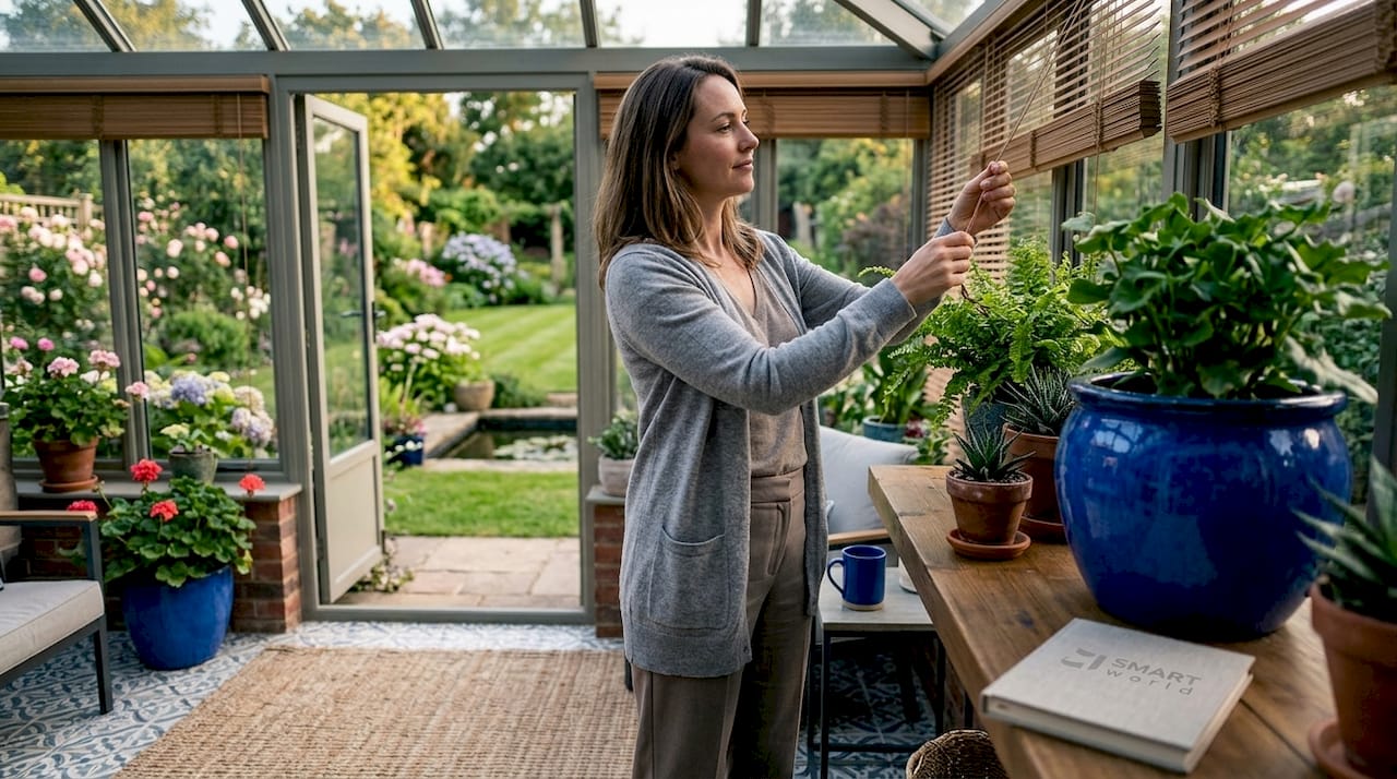 Woman adjusting conservatory shutters for privacy