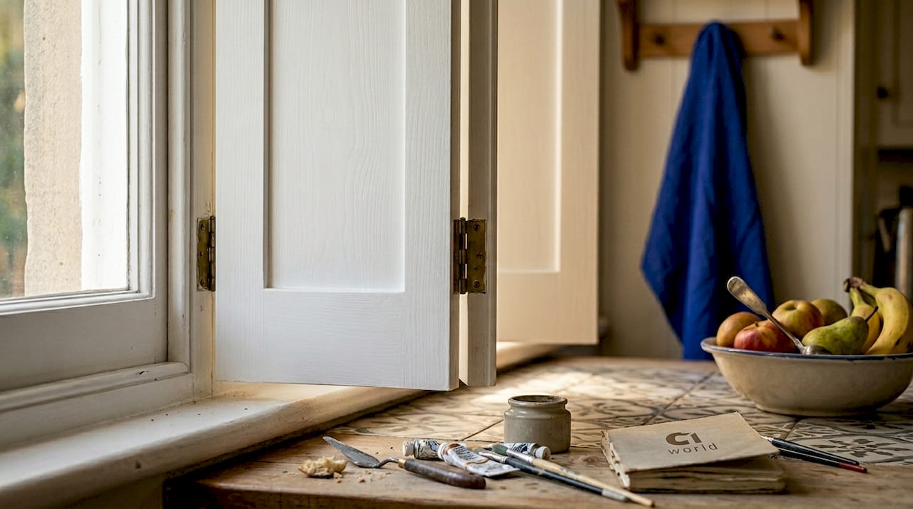 side-hinged vs sliding shutters Side-hinged shutters detail in real kitchen