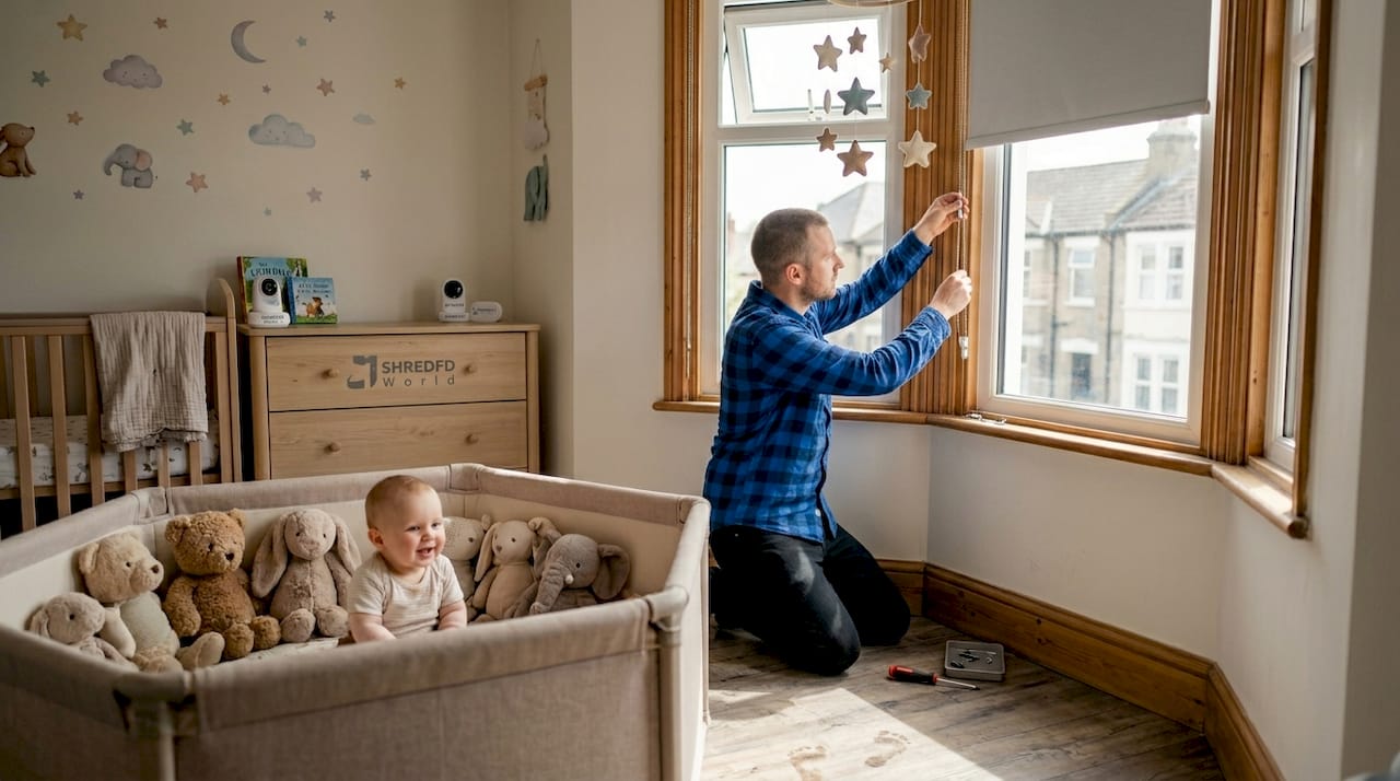 baby safe window treatments Father installs blind safety device in nursery