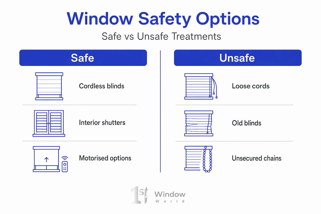 baby safe window treatments Infographic comparing safe and unsafe window treatments