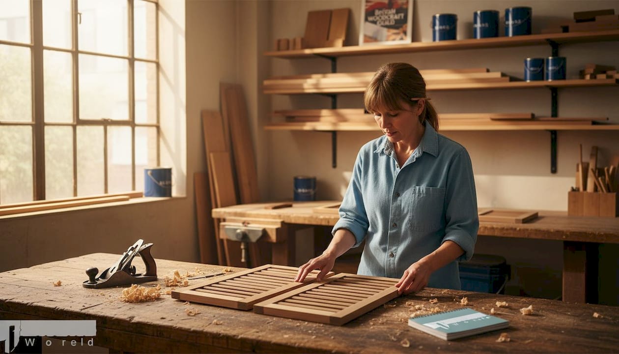 Technician inspecting wooden shutter materials