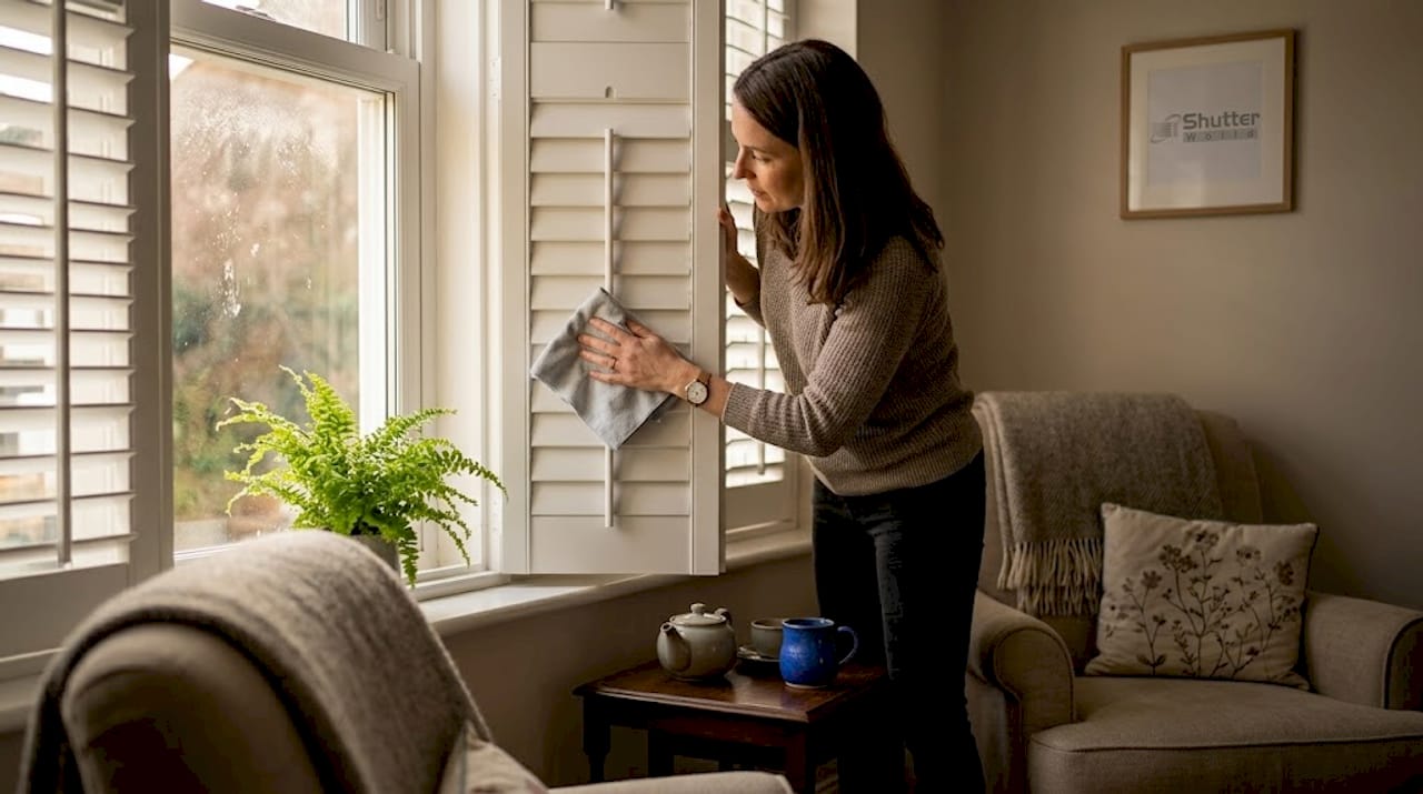 why shutters are durable Person cleaning white shutters in kitchen