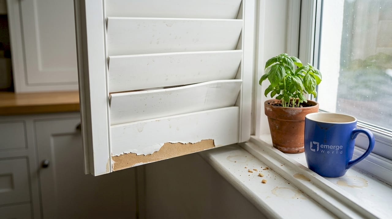 Close-up of MDF shutter with moisture damage
