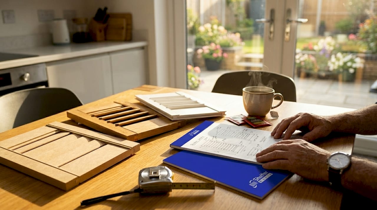 Comparing different shutter material samples on kitchen table
