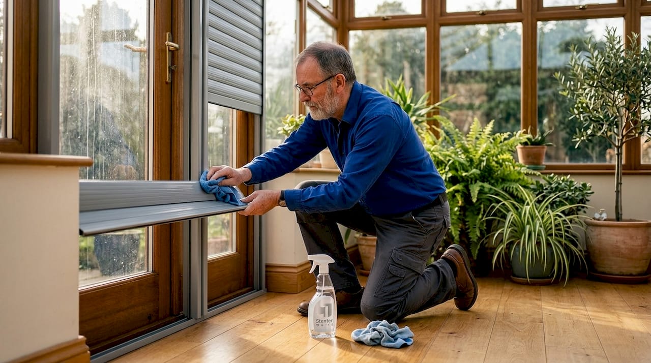 Person wiping roller shutter guide rail