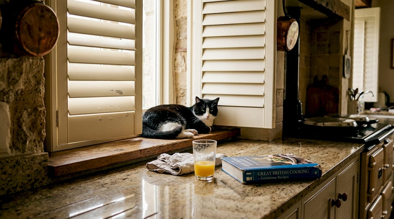 Cat relaxing near aluminium kitchen shutters
