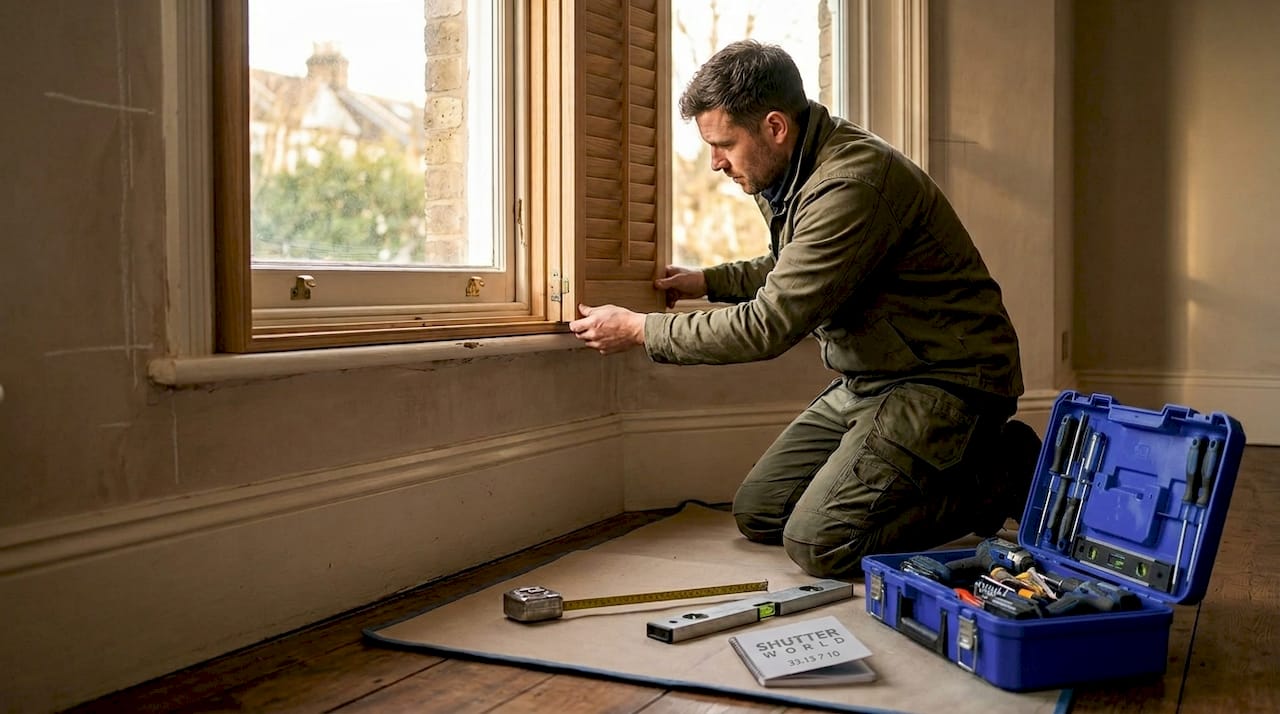 Installer fitting hardwood shutters in residential room