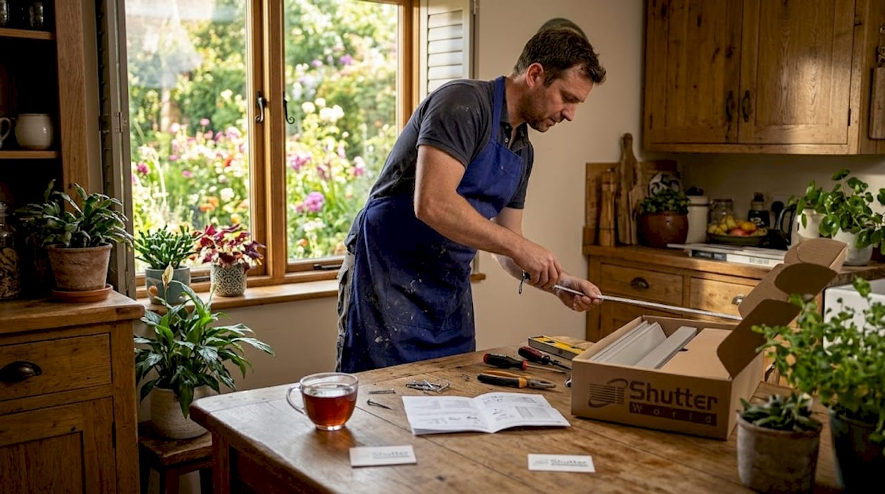 Handyman installing composite shutters in a kitchen