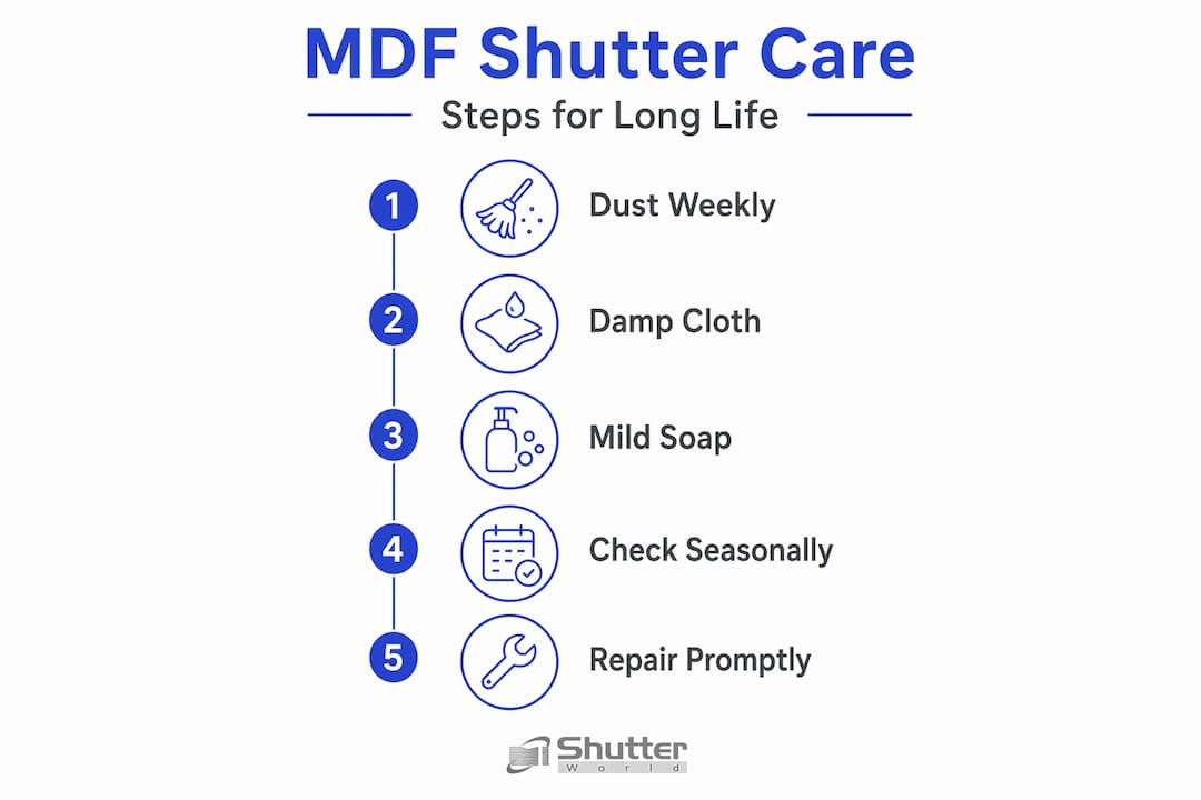 How to care for MDF shutters Infographic outlining steps to care for MDF shutters