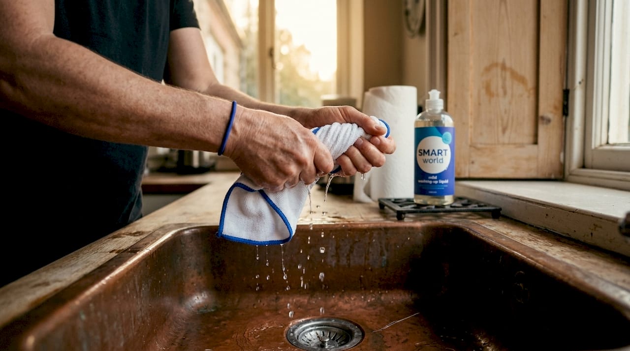 How to care for MDF shutters Hands wringing cloth by sink next to shutter
